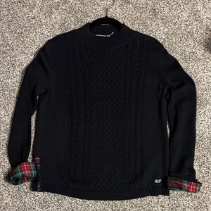 Vineyard Vines Black Cable Knit Sweater with Plaid Cuffs XS